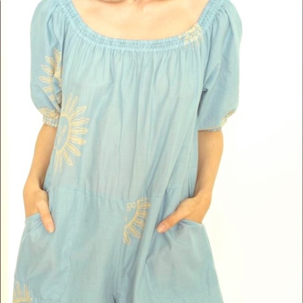 Natalie Martin Sky Blue Embroidered Off-Shoulder Romper